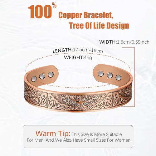 Jeracol Copper Magnetic Bracelets for Men Women,100% Solid Copper Magnetic Cuff Bangle with Powerful Magnets(Each 3500 Gauss), Brazaletes with Ajsust Tool&Jewelry Gift Box