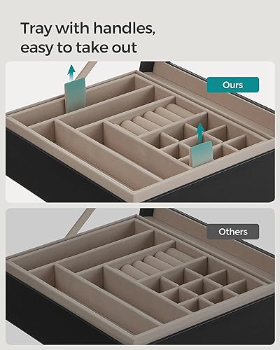 SONGMICS Jewellery Box with Glass Lid, 2-Layer Jewellery Organiser with Removable Tray, Jewellery Storage, Modern Style, Gift for Loved Ones, Graphite Black and Metallic Gold JBC238B01