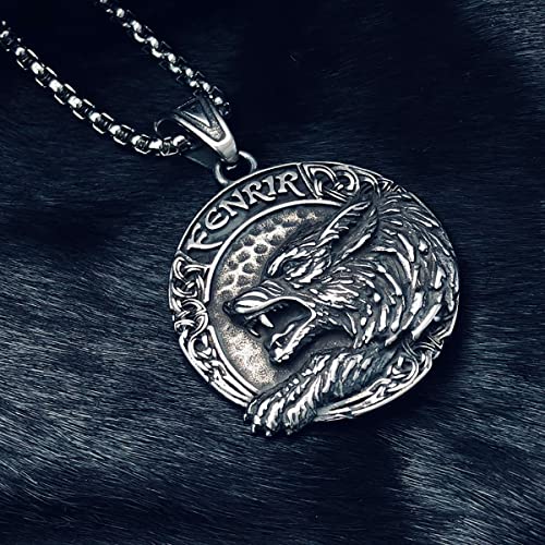 bahamut Mens Viking Fenrir Wolf Odin Raven Pendant Necklace,Norse Amulet Jewelry Viking Gifts for Men (Silver Fenrir Wolf)