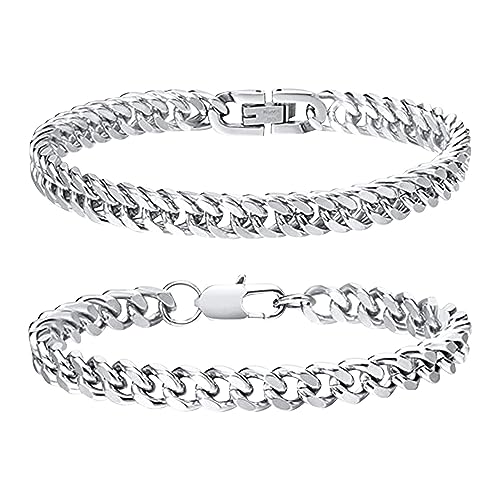 Elkflee 2Pcs Mens Stainless Steel Bracelets Silver Cuban Curb Chain High Polished Hypoallergenic Hip-Hop Chunky Heavy Men's Bangle for Dad Boyfriend Husband Son Birthday Anniversary Father's Day Gift