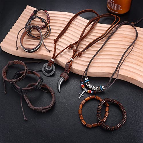 Kakonia 13Pcs Mens Bracelets Necklace Jewelry Set Adjustable Leather Bracelets Necklace for Men Black Brown Tribal Double Circle Pendant Necklaces Handmade Braided Bracelets