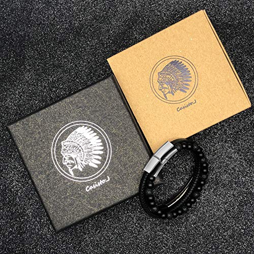 Mens Leather Bracelet – Classic Handmade Braided Black & Brown Cuff Bracelet with Engraved Magnetic Clasp FREE Jewelry GIFT Boxed (Black, 20)