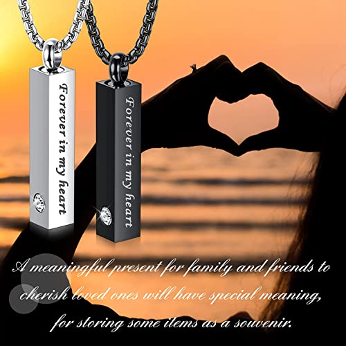 CASSIECA 2 Pcs Urn Necklace for Ashes Men Women Keepsakes for Ashes Black Silver Stainless Steel Bar Pendant Necklace Memorial Cremation Jewelry for Lost Love with Engraved Saying Forever in My Heart