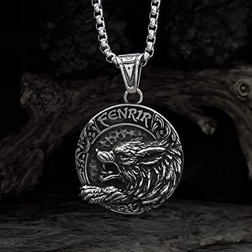 bahamut Mens Viking Fenrir Wolf Odin Raven Pendant Necklace,Norse Amulet Jewelry Viking Gifts for Men (Silver Fenrir Wolf)