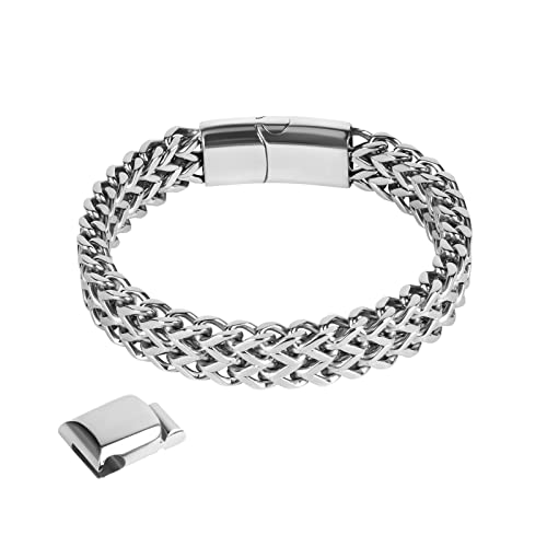 flintronic Men's Strong Antique Cuban Silver Bracelet, Fashion Retro 22cm Titanium Steel Simple Six-sided Flat Denim Bracelet, Jewellery Gift for Boyfriend Husband Father - Silver