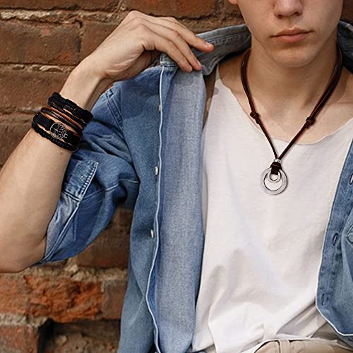 Kakonia 13Pcs Mens Bracelets Necklace Jewelry Set Adjustable Leather Bracelets Necklace for Men Black Brown Tribal Double Circle Pendant Necklaces Handmade Braided Bracelets