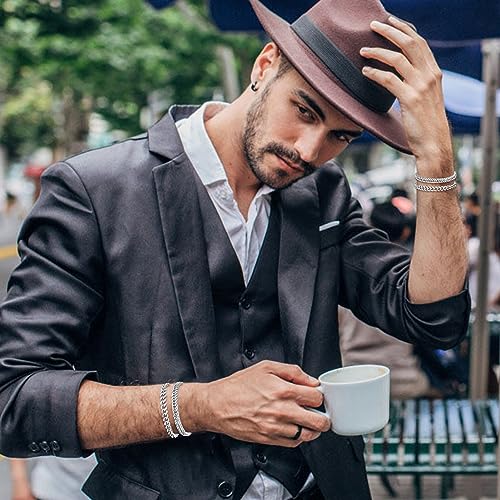 Elkflee 2Pcs Mens Stainless Steel Bracelets Silver Cuban Curb Chain High Polished Hypoallergenic Hip-Hop Chunky Heavy Men's Bangle for Dad Boyfriend Husband Son Birthday Anniversary Father's Day Gift