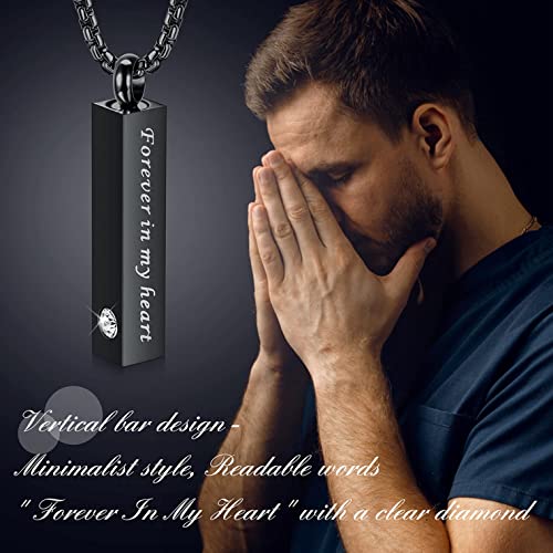 CASSIECA 2 Pcs Urn Necklace for Ashes Men Women Keepsakes for Ashes Black Silver Stainless Steel Bar Pendant Necklace Memorial Cremation Jewelry for Lost Love with Engraved Saying Forever in My Heart