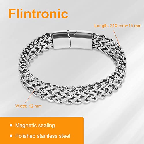 flintronic Men's Strong Antique Cuban Silver Bracelet, Fashion Retro 22cm Titanium Steel Simple Six-sided Flat Denim Bracelet, Jewellery Gift for Boyfriend Husband Father - Silver