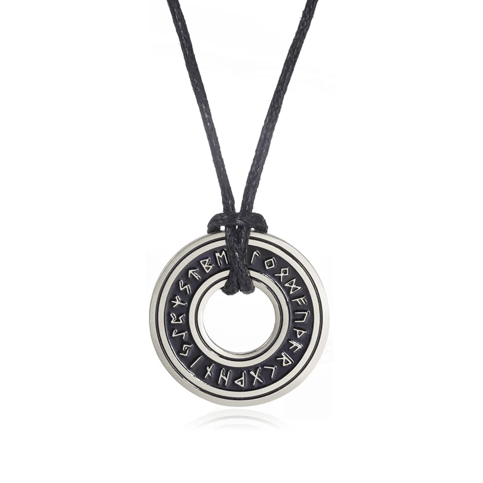 VASSAGO Vintage Norse Viking Runes Necklace, Corsair Runic Elder Futhark Ring Circle Talisman Pendant Leather Chain, Viking Gift Jewelry For Men Women (Leather-S)