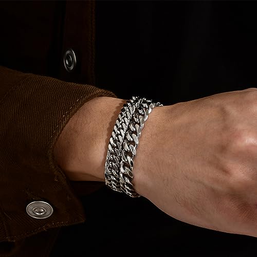 TempBeau Mens Bracelets Curb Gifts Dad: Cuban Chunky Bracelet 2 Pack 9mm Silver Hand Chains Stainless Steel Hip Pop Rapper Unisex Jewelry Gift
