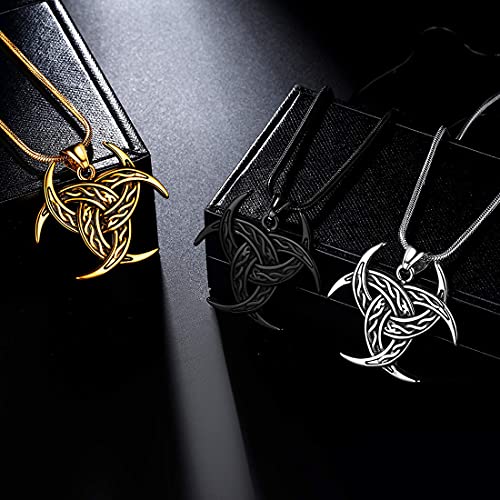 Celtic Knot Necklace Viking Pendant - Celtic Norse Triple Odin Horn Crescent Moon of Oden Necklace Mens 316L Stainless Steel Triskelion Amulet Pendant Pewter Tribal Protection Triskele Jewelry SP0053B