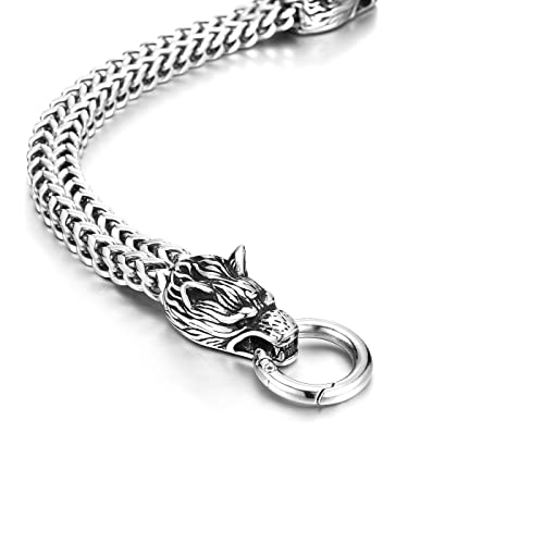 PiercingJak Men Viking Wolf Head Bracelet for Men Stainless Steel King Double Franco Chain Men's Nordic Viking Norse Jewelry Biker Amulet Odin's Wolf Bracelets