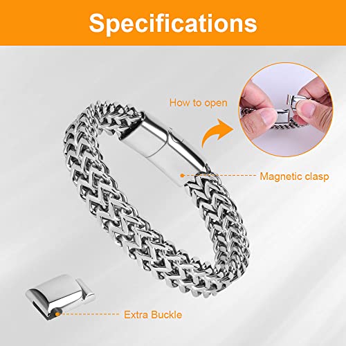 flintronic Men's Strong Antique Cuban Silver Bracelet, Fashion Retro 22cm Titanium Steel Simple Six-sided Flat Denim Bracelet, Jewellery Gift for Boyfriend Husband Father - Silver