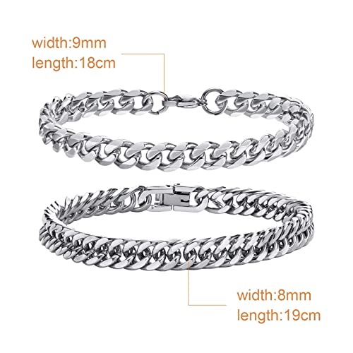TempBeau Mens Bracelets Curb Gifts Dad: Cuban Chunky Bracelet 2 Pack 9mm Silver Hand Chains Stainless Steel Hip Pop Rapper Unisex Jewelry Gift