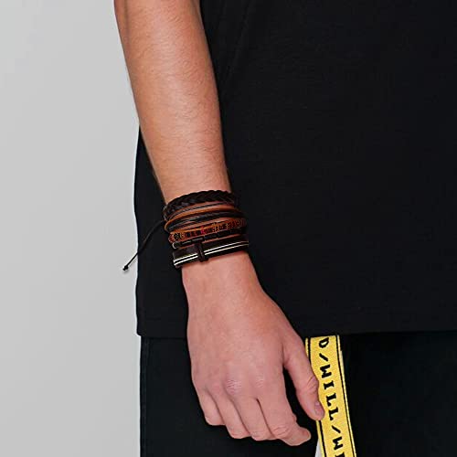 Kakonia 13Pcs Mens Bracelets Necklace Jewelry Set Adjustable Leather Bracelets Necklace for Men Black Brown Tribal Double Circle Pendant Necklaces Handmade Braided Bracelets