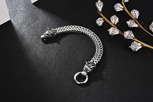 PiercingJak Men Viking Wolf Head Bracelet for Men Stainless Steel King Double Franco Chain Men's Nordic Viking Norse Jewelry Biker Amulet Odin's Wolf Bracelets