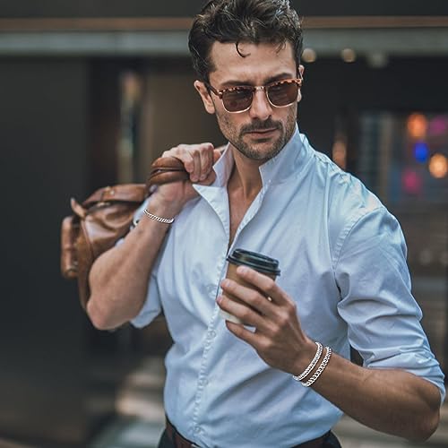 Elkflee 2Pcs Mens Stainless Steel Bracelets Silver Cuban Curb Chain High Polished Hypoallergenic Hip-Hop Chunky Heavy Men's Bangle for Dad Boyfriend Husband Son Birthday Anniversary Father's Day Gift