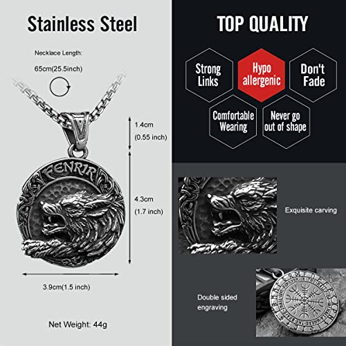 bahamut Mens Viking Fenrir Wolf Odin Raven Pendant Necklace,Norse Amulet Jewelry Viking Gifts for Men (Silver Fenrir Wolf)