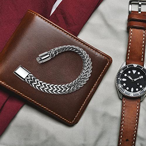 flintronic Men's Strong Antique Cuban Silver Bracelet, Fashion Retro 22cm Titanium Steel Simple Six-sided Flat Denim Bracelet, Jewellery Gift for Boyfriend Husband Father - Silver