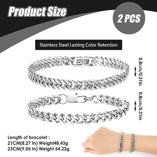 Elkflee 2Pcs Mens Stainless Steel Bracelets Silver Cuban Curb Chain High Polished Hypoallergenic Hip-Hop Chunky Heavy Men's Bangle for Dad Boyfriend Husband Son Birthday Anniversary Father's Day Gift