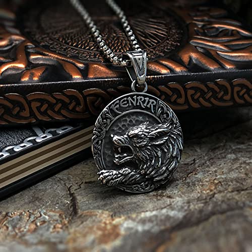 bahamut Mens Viking Fenrir Wolf Odin Raven Pendant Necklace,Norse Amulet Jewelry Viking Gifts for Men (Silver Fenrir Wolf)
