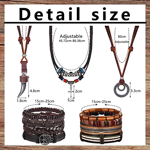 Kakonia 13Pcs Mens Bracelets Necklace Jewelry Set Adjustable Leather Bracelets Necklace for Men Black Brown Tribal Double Circle Pendant Necklaces Handmade Braided Bracelets