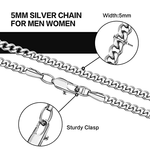 Evegfts Silver Chain Mens, 5MM Diamond Cut Mens Chain Necklace Miami Cuban Chains for Men Women Jewelry Gift for Women Men Boy Girls Super Sturdy Shiny Mens Necklaces 18 Inch