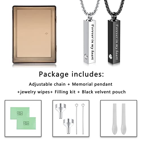 CASSIECA 2 Pcs Urn Necklace for Ashes Men Women Keepsakes for Ashes Black Silver Stainless Steel Bar Pendant Necklace Memorial Cremation Jewelry for Lost Love with Engraved Saying Forever in My Heart