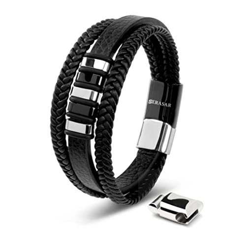 SERASAR Mens Jewellery Leather Bracelet 20cm Silver Men Gift-Box Genuine-Leather Cowhide Braided Adjust-Able Magnetic-Clasp Multi-Layer Wrap Rope Man Mans Male Boy Boys Mens Bracelets Band Jewelry
