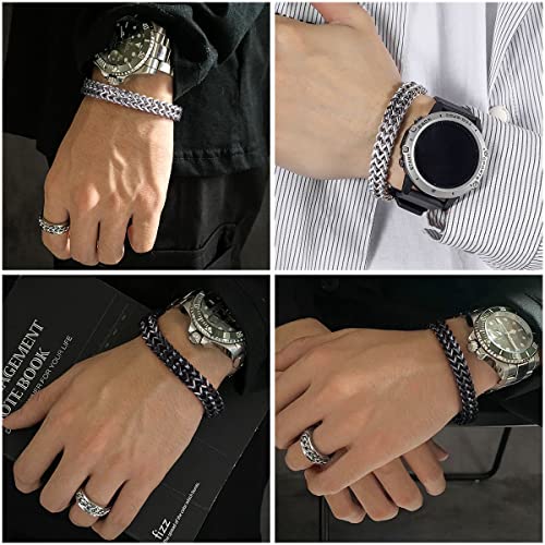 flintronic Men's Strong Antique Cuban Silver Bracelet, Fashion Retro 22cm Titanium Steel Simple Six-sided Flat Denim Bracelet, Jewellery Gift for Boyfriend Husband Father - Silver