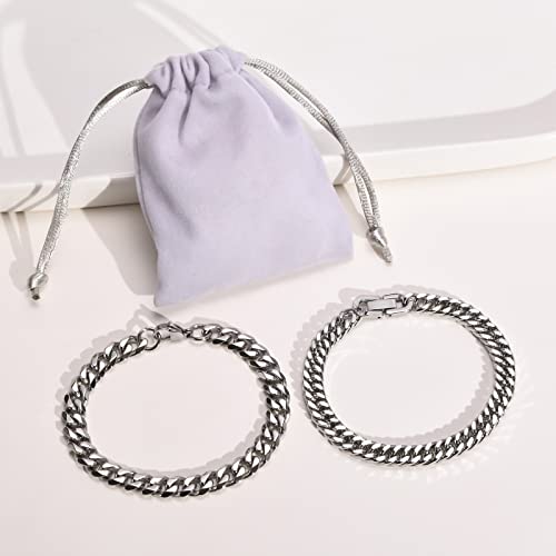 TempBeau Mens Bracelets Curb Gifts Dad: Cuban Chunky Bracelet 2 Pack 9mm Silver Hand Chains Stainless Steel Hip Pop Rapper Unisex Jewelry Gift