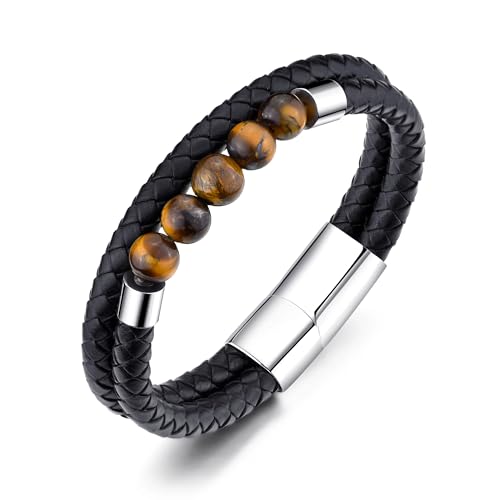 Philip Jones Men's Tiger's Eye Genuine Leather Bracelet
