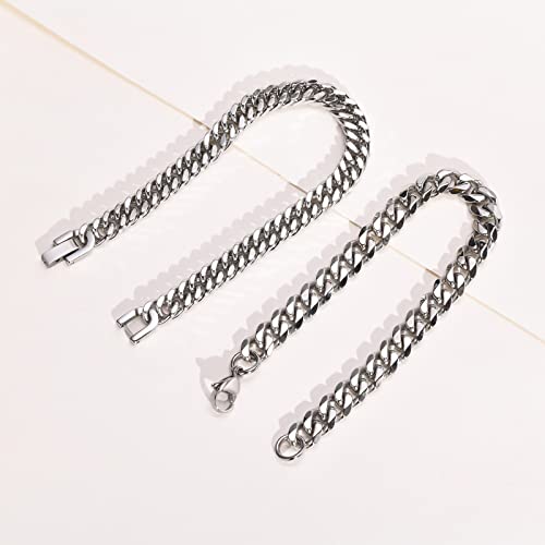 TempBeau Mens Bracelets Curb Gifts Dad: Cuban Chunky Bracelet 2 Pack 9mm Silver Hand Chains Stainless Steel Hip Pop Rapper Unisex Jewelry Gift