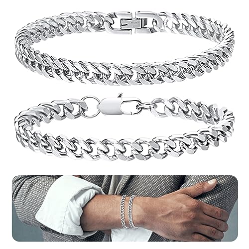 Elkflee 2Pcs Mens Stainless Steel Bracelets Silver Cuban Curb Chain High Polished Hypoallergenic Hip-Hop Chunky Heavy Men's Bangle for Dad Boyfriend Husband Son Birthday Anniversary Father's Day Gift
