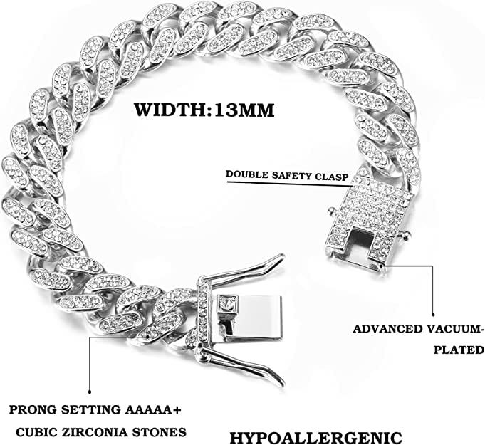 Cuban Links Chain for Men Cuban Bracelet cuban necklaceChain Diamond Chain Bling Bling Hip Hop Jewelry Set Gift for Boys（2pcs）