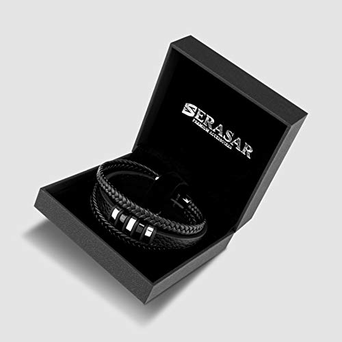 SERASAR Mens Jewellery Leather Bracelet 20cm Silver Men Gift-Box Genuine-Leather Cowhide Braided Adjust-Able Magnetic-Clasp Multi-Layer Wrap Rope Man Mans Male Boy Boys Mens Bracelets Band Jewelry
