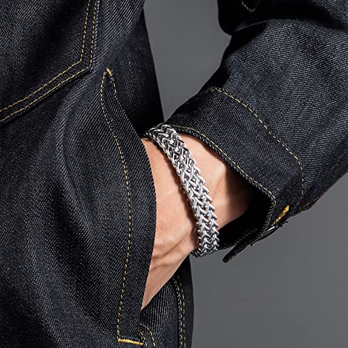 flintronic Men's Strong Antique Cuban Silver Bracelet, Fashion Retro 22cm Titanium Steel Simple Six-sided Flat Denim Bracelet, Jewellery Gift for Boyfriend Husband Father - Silver