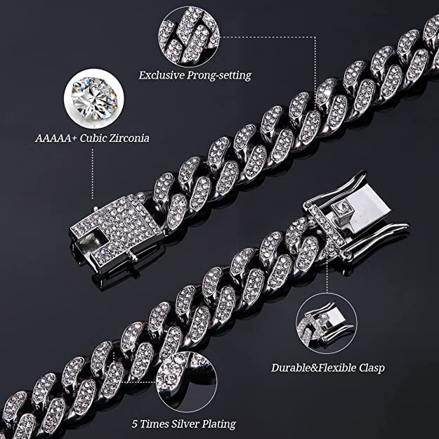 Cuban Links Chain for Men Cuban Bracelet cuban necklaceChain Diamond Chain Bling Bling Hip Hop Jewelry Set Gift for Boys（2pcs）