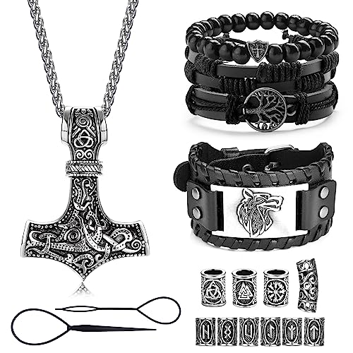 ADRAMATA Viking Necklace for Men Viking Bracelets Set Thors Hammer Pendant Necklace Viking Beard Beads Hair Beads Braided Leather Bracelets for Men Beads Bracelets Viking Jewellery Viking Gifts