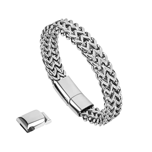 flintronic Men's Strong Antique Cuban Silver Bracelet, Fashion Retro 22cm Titanium Steel Simple Six-sided Flat Denim Bracelet, Jewellery Gift for Boyfriend Husband Father - Silver