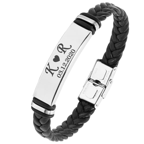 TMT® Personalised Men's Leather Bracelet Adjustable Size for Dad ID Identity Birthday gift Name Engraved Black/Brown Best Men Boyfriend