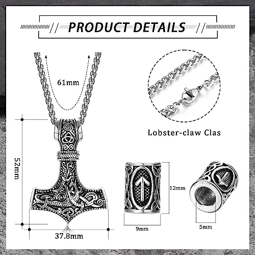 ADRAMATA Viking Necklace for Men Viking Bracelets Set Thors Hammer Pendant Necklace Viking Beard Beads Hair Beads Braided Leather Bracelets for Men Beads Bracelets Viking Jewellery Viking Gifts