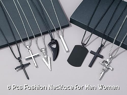 XIANNVXI 8 Pcs Mens Necklaces Set Necklace for Men Cross Necklace Men Black Silver Stainless Steel Necklace Mens Jewellery with 16-24" Chain