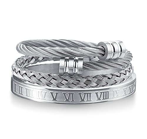 WFYOU 3PCS Stainless Steel Bracelets for Men Gold Roman Numeral Bangle Bracelet Adjustable Cuff Bracelet Mens Luxury Jewelry Bracelets Gifts silver