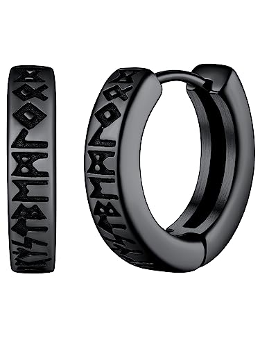 Norse Viking Earrings for Men, Black Hoops Stainless Steel Nordic Runes Earring, Punk Biker Ear Jewelry for Man Boys