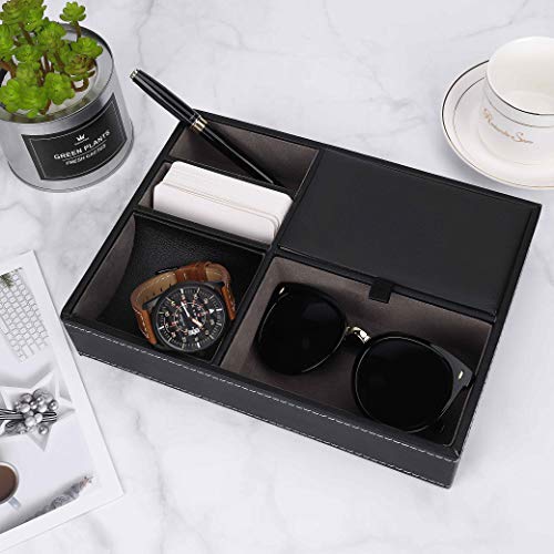 ISIYINER Valet Tray Faux Leather Nightstand Organizer for Men, Desk or Dresser Top Storage Box Holder for Jewelry Keys Phone Wallet Watch etc.