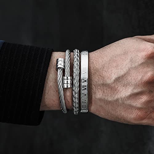 WFYOU 3PCS Stainless Steel Bracelets for Men Gold Roman Numeral Bangle Bracelet Adjustable Cuff Bracelet Mens Luxury Jewelry Bracelets Gifts silver