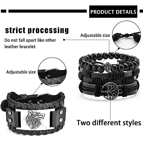 ADRAMATA Viking Necklace for Men Viking Bracelets Set Thors Hammer Pendant Necklace Viking Beard Beads Hair Beads Braided Leather Bracelets for Men Beads Bracelets Viking Jewellery Viking Gifts