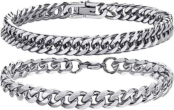 Ledander Set of 2 Mens Curb Chain Bracelets, Stainless Steel Cuban Link Bracelet 6 Side Cut Men's Hip-Hop Jewelry, Cuban Chain Bracelet Set for Men Dad Boyfriend Husband (Silver)